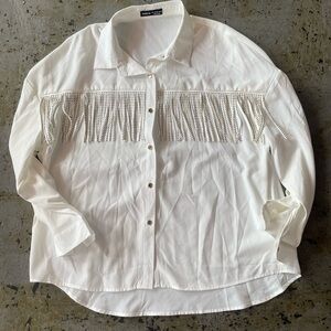 SHEIN Fringe and Rhinestone Long Sleeve Button Down White Top Size Large